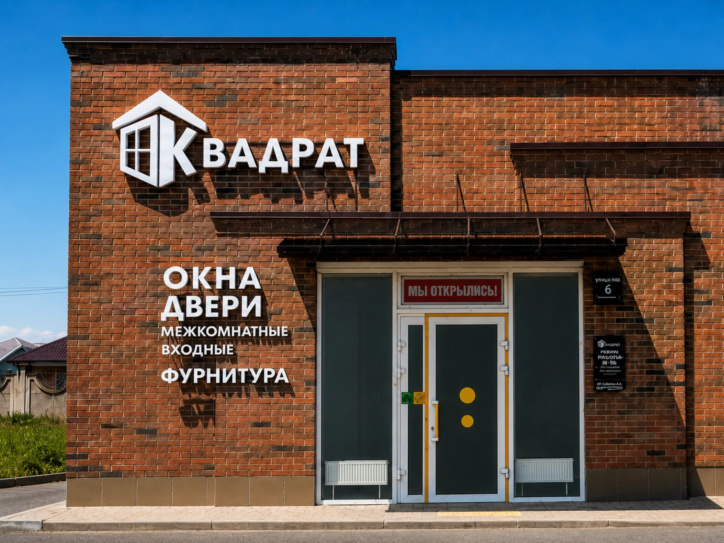 Фасад магазина дверей и окон «Квадрат» в Кропоткине